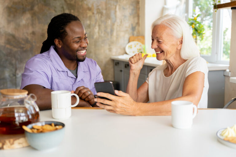seniors smiling and connecting over conversation