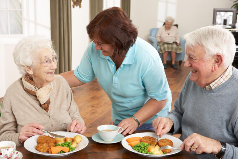 caregiver serving meal to elderly woman at home